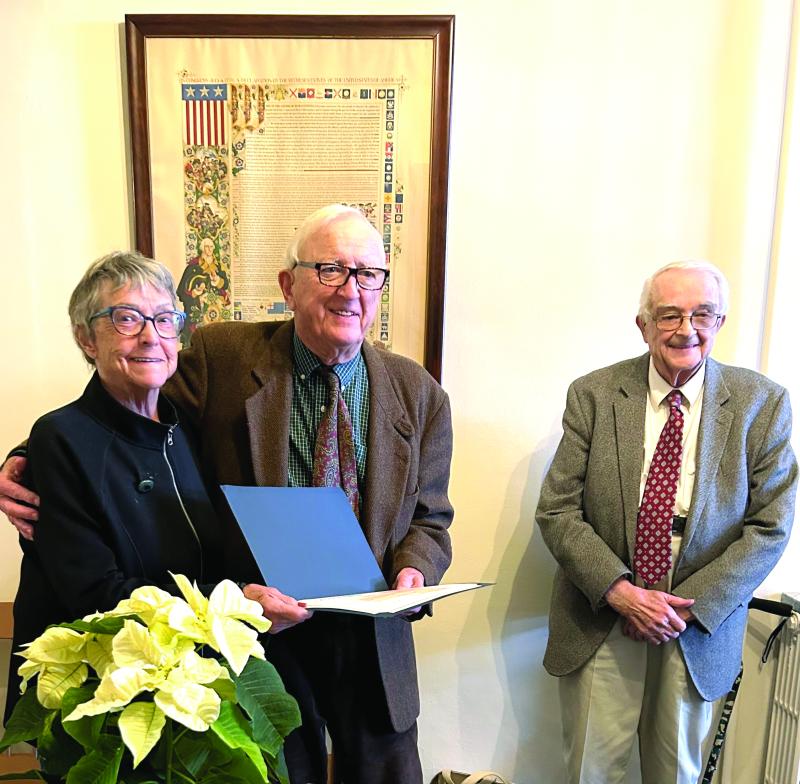 The party afterwards was to honor the two commissioners, Mary Trescott and Hamilton Meserve. Each received a citation, a lovely framed photograph, and a generous gift certificate for their years of service. Pictured from left, Mary Trescott, Hamilton Meserve and Bill Blodgett (still serving another term). Helen Meserve photo Commissioners retirement celebration