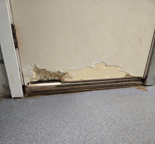 Door chewed by marsh rats. Midcoast Humane photo Door chewed by marsh rats. Midcoast Humane photo