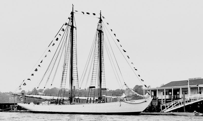 The Bowdoin made her way up the Sheepscot River arriving at Wiscasset around 7 p.m., Wednesday, Aug. 1, 1979 tying up at the Wiscasset Yacht Club dock. PHIL DI VECE photo The Bowdoin made her way up the Sheepscot River arriving at Wiscasset around 7 p.m., Wednesday, Aug. 1, 1979 tying up at the Wiscasset Yacht Club dock. PHIL DI VECE photo