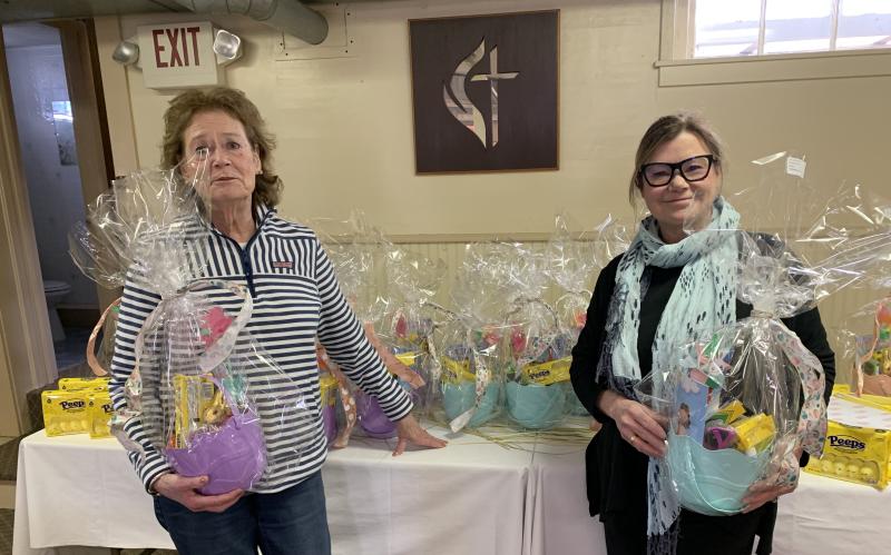 An East Boothbay United Methodist Church project provided 20 Easter baskets, delivered to the Community Fridge by Sarah Giles, left, and Laurie Glasrud, who assembled the baskets with Deb Moorefield. File photo An East Boothbay United Methodist Church project provided 20 Easter baskets, delivered to the Community Fridge by Sarah Giles, left, and Laurie Glasrud, who assembled the baskets with Deb Moorefield. File photo