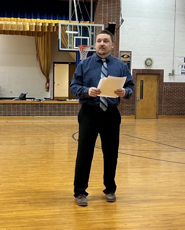 Seahawk head coach Dan Hallinan talks about the past season at the annual awards ceremony Tuesday, Feb. 25 at Boothbay Region High School. KEVIN BURNHAM/Boothbay Register Coach Hallinan