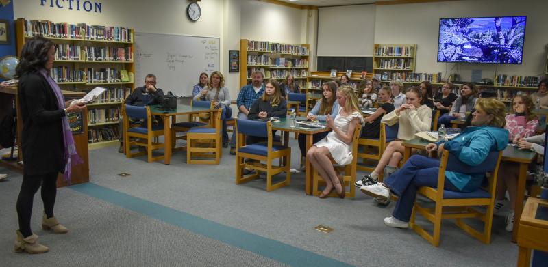 Coach Michele Barter speaks to the Seahawks cheerleading team and their families at their awards night Feb. 26. FRITZ FREUDENBERGER/Boothbay Register Coach Michele Barter speaks to her team and their families. FRITZ FREUDENBERGER/Boothbay Register
