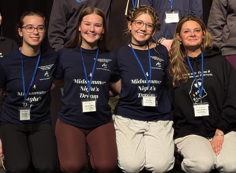 From left, Special Commendation Lighting Design, Moriah Smith; Special Commendations for Hair & Makeup Design, Sophia Mansfield, Sarah Harris and Eleanor Marshall. CANDI JONETH/Boothbay Register CANDI JONETH/Boothbay Register
