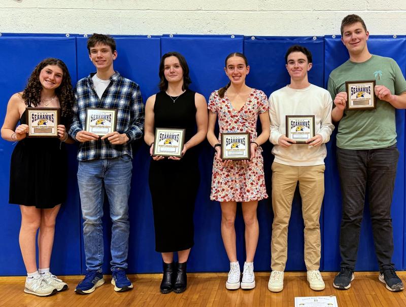 BRHS indoor track athletes and their awards. From left, Abbie Clark (Coach's Award), AJ Crocker (MVP), Rose Campbell (MVP), Karen Higgins (Most Improved), Cleyton Splaine (Coach's Award), and Neal Baldwin (Most Improved). Courtesy of Leah Plummer BRHS indoor track athletes and their awards. From left to right, Abbie Clark (Coach's Award), AJ Crocker (MVP), Rose Campbell (MVP), Karen Higgins (Most Improved), Cleyton Splaine (Coach's Award), and Neal Baldwin (Most Improved). Courtesy Leah Plummer