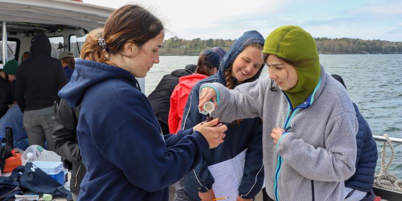 Participants in the 2022 Keller BLOOM program during a research cruise on the Sheepscot River.
Courtesy of Fritz Freudenberger/Bigelow Laboratory for Ocean Sciences Participants in the 2022 Keller BLOOM program during a research cruise on the Sheepscot River. Courtesy of Fritz Freudenberger/Bigelow Laboratory for Ocean Sciences
