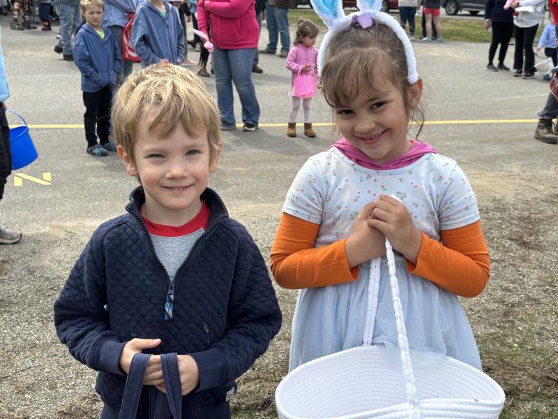 Egg hunting friends Thomas Fleming and Paulina Robertson. LISA KRISTOFF/Boothbay Register LISA KRISTOFF/Boothbay Register