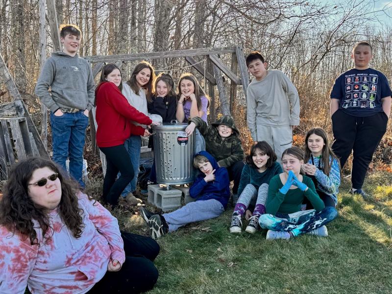 The christening of the first compost bin, donated by Ames True Value of Wiscasset! Sixth grade Edgecomb Eddy students. Courtesy photo The christening of the first compost bin, donated by Ames True Value of Wiscasset! Sixth grade Edgecomb Eddy students. Courtesy photo