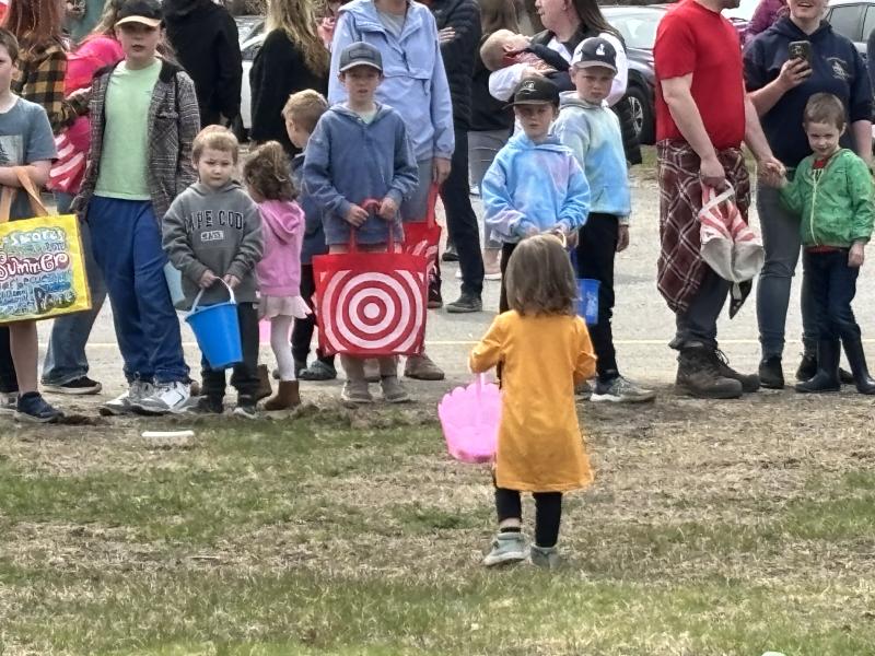 This little girl got a jump on the candy-filled eggs in her basket, but returned quickly to the starting line! LISA KRISTOFF/Boothbay Register LISA KRISTOFF/Boothbay Register