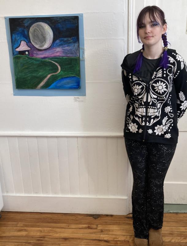 Senior Sero Sproul next to her art stick landscape entitled, "Painting." Courtesy of Maine Art Gallery Courtesy of Maine Art Gallery