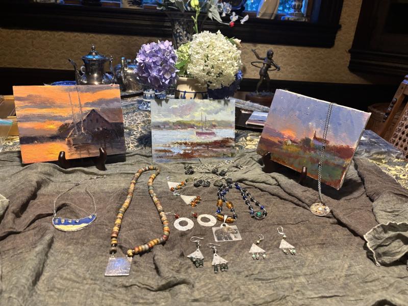 A sample of the art and jewelry in the Kathleen Billis and Jennifer Matthews show at Calypso opening Sept. 5 in Boothbay Harbor. LISA KRISTOFF/Boothbay Register Art by Kathleen Billis; Jewelry by Jennifer Matthews.