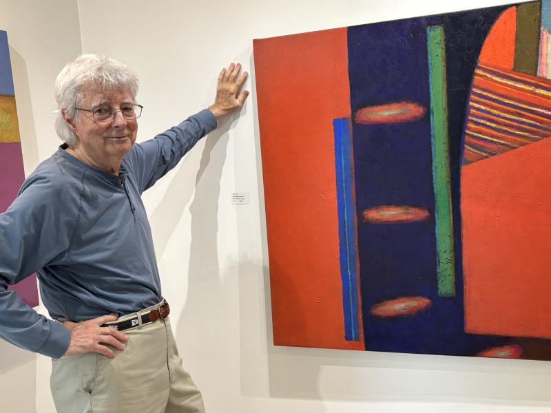 Belfast based improvisational artist David Estey at Studio 53 Fine Art in Boothbay Harbor. His show "Reimaged" is on exhibit through Sunday, Aug. 31. LISA KRISTOFF/Boothbay Register David Estey