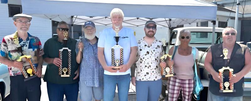 The OBD Vintage Car Show announced 2025 trophy recipients, from left, John Harris, South Bristol, Third Place, 1921 Packard Touring Car; Bruce Matthews, Whitefield, Staff Pick 1955 Chevy Belair; Jeff Friedman, New Harbor, event organizer; Dexter Poustoza, South Bristol, First Place, 1967 Sunbeam Tiger; Jason Wolf and Barbara Fusco, second place, New Harbor, 1963 Corvette; John Kenipick, Waldoboro, Outstanding Motorcycle, 1995 Harley Davidson. Not pictured, Scott Poland, Newcastle, Kids' Pick, 1941 Chevy Coupe. Courtesy photo
Winners