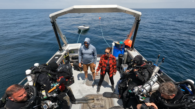 The team preparing for a second set of dives July 28 on ST Seiner. Left to right: Rick Simon, Tom Packer, Joe Mazraani, Jennifer Sellitti, Eric Takakjian, and Andrew Donn. Courtesy of Atlantic Wreck Salvage The team preparing for a second set of dives July 28 on ST Seiner. Left to right: Rick Simon, Tom Packer, Joe Mazraani, Jennifer Sellitti, Eric Takakjian, and Andrew Donn. Courtesy of Atlantic Wreck Salvage