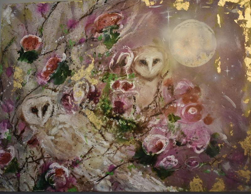 Rachel Robbins - "Flower Moon" - acrylic, ink, gold leaf.