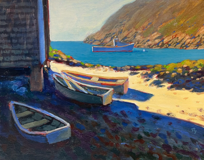 Tom Glover: "Dory Line Monhegan" - oil on canvas at  Kerr +Jones Gallery, East Boothbay. Courtesy of the gallery
