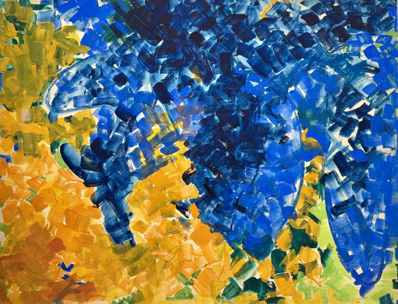 Lynne Mapp Drexler, Untitled, Abstract in Blues and Oranges, 1959, gouache on paper. Courtesy of Wiscasset Bay Gallery