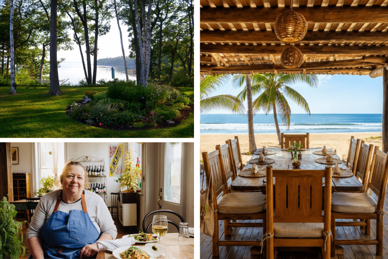 Silent Auction Prize Montage: Maine Oceanfront Retreat for 10, Nine June Dining Experience for 2, Eco-Luxury Escape to Playa Viva