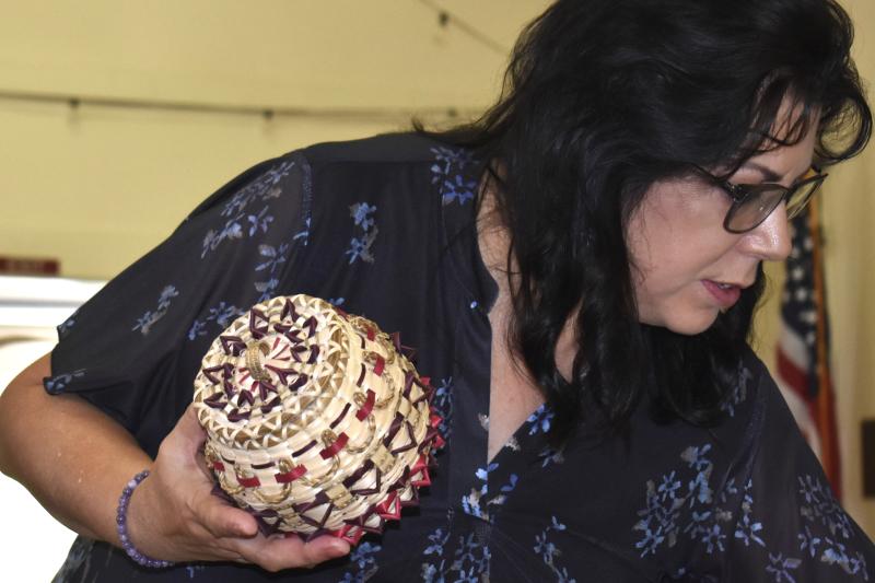 Guest speaker Passamaquoddy basket maker Debora Nicholas at the Southport Town Hall on July 25. LISA KRISTOFF/Boothbay Register