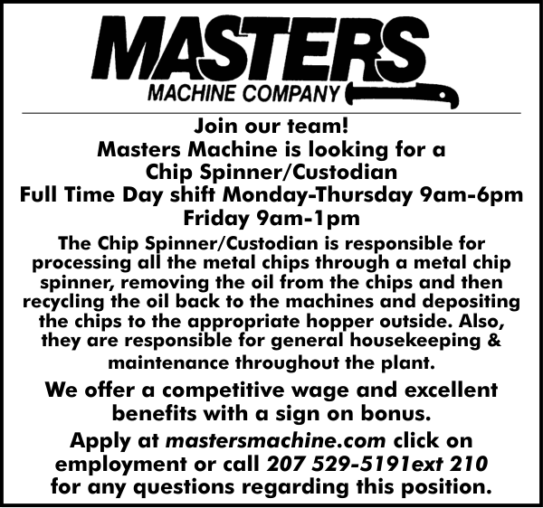Masters Machine Chip Spinners and Custodian