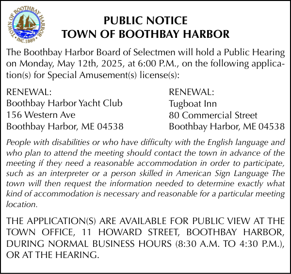 Town of Boothbay Harbor Public Hearing Special Amusement 5-12-25