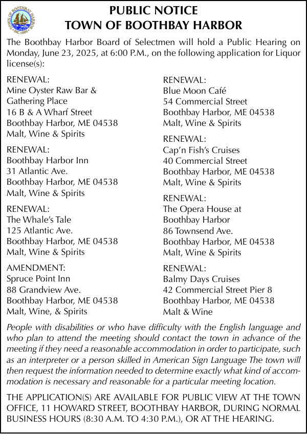 Town of Boothbay Harbor Public Hearing Liquor Licenses 6-23-25
