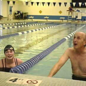 Hannah Hills and Larry Brown wait to hear the results of their race. ISABELLE CURTIS/Boothbay Register