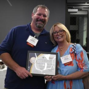 BHCC held its annual award nights Oct. 1 to celebrate notable businesses, organizations and individuals in the community. Pictured: Boothbay Railway Village Museum Board President Caleb Hodgon and VP Holly Stover. ISABELLE CURTIS/Boothbay Register