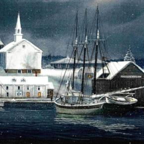 Earle Barlow’s 1920s scene of the Coal Wharf East Boothbay. Boothbay Region Historical Society Photo Collection