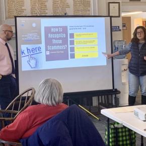 BHPD Chief Doug Snyder and Community Digital Navigator Julie Casson talk protecting yourself from scams. ISABELLE CURTIS/Boothbay Register