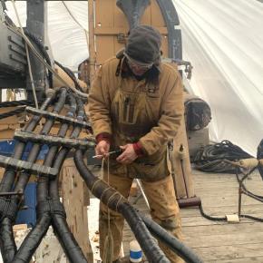 Jose Hernández-Juviel uses a marlinspike on refurbished rigging during a March 19 demonstration. ISABELLE CURTIS/Boothbay Register