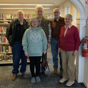 As the Used Bookstore prepares for another season, the Friends of the Library share their volunteer experiences. (from left) Greg Thornton, Joyce and Greg Walker, Fred Nehring and Jane Homer.  Not pictured: Brita Nilsson, Roberta Matchett, Meridith Watts, Gloria Taliana, Lee Hammond and Laurie McCammon. ISABELLE CURTIS/Boothbay Register