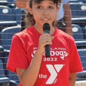 Imij Armstead performing the National Anthem to open the Sea Dogs game in Portland in 2022. Photo courtesy of Gretchen Armstead