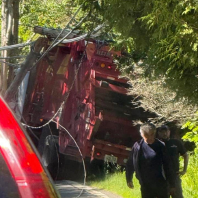 The garbage truck that hit the utility pole on Route 96 on June 19. Facebook photo by Chrissa Marie