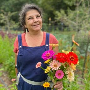  Designer Diane Farmer harvesting Veggies to Table flowers. Courtesy photo