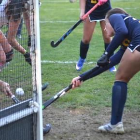 Seahawk tri-captain Zuri Smith pushes the ball into the goal in the third quarter of Thursday's 3-1 win at home over Hall-Dale. KEVIN BURNHAM/Boothbay Register