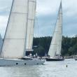  'Rapture,' front, which finished second in the Shipyard Cup, maneuvers around Virago, left, and Whisper during Saturday's race. JOHN EDWARDS/Boothbay Register 