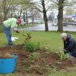 Russ Hoffman, left, and Bob Dent cleaning out the front garden at Boothbay Green.