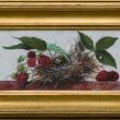  “Wren’s nest with raspberries,” a 4 by 8-inch oil on panel by Genetta McLean. Courtesy of Mathias Fine Art
