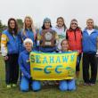 2013 Western Regional runners-up. The BRHS girls team placed second in a field of 12 teams and 88 runners. From left to right, front, Hannah Morley and Kate Friant; back, Tori Schmid, Morgan Crocker, Sophia Thayer, Shaw Pinkham, Coach Lauren Forgues, and Brooke Alley. SUE MELLO/Boothbay Register