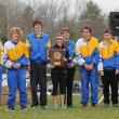 2013 Western Regional Champions. The BRHS boys blew away the field of 14 teams and 97 runners at Twin Brooks on Saturday; BRHS beat its nearest competitor by 50 points. Left to right, Benn Scully, Joey Paolillo, Jack Hasch, Coach Lauren Forgues, Robert Campbell, Matt Burnham, Kyler Carty and Kyle Alamo. SUE MELLO/Boothbay Register