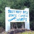 A proud town. A banner congratulating the state champs hung from the town sign at the Boothbay border on November 2. RYAN LEIGHTON/Boothbay Register