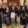 Sen. Cameron Reny, D-Bristol, left, and Rep. Holly Stover, D-Boothbay, right, stand with the Boothbay Region High School Drama Club and their legislative sentiment in the Senate chamber before session on April 29. Courtesy photo