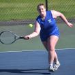 Ivory Cody, second doubles player with Maddie Andreasen, looks to return a shot against Spruce Mountain on May 14. KEVIN BURNHAM/Boothbay Register