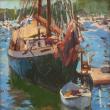 "Angelique at the Dock"  by Roberta Goschke, oil, 12” x 12” is among the artist's work now at Sylvan Gallery in Wiscasset. Courtesy of Ann Scanlan