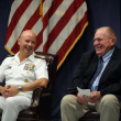 Capt. (ret) Floyston "Bud" Weeks, sits next to Adm. Jim Kilby, Acting Chief of Naval Operations, during his retirement ceremony at SWSC Newport, Naval Station Newport, R.I., July 18, 2025. John Goulette photo