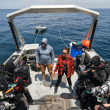 The team preparing for a second set of dives July 28 on ST Seiner. Left to right: Rick Simon, Tom Packer, Joe Mazraani, Jennifer Sellitti, Eric Takakjian, and Andrew Donn. Courtesy of Atlantic Wreck Salvage