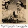 Rita Willey having her fingers taped by her husband, circa 1957.  (Photo courtesy Penobscot Marine Museum)