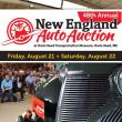 New England Auto Auction logo with dates, August 19-22 and photo of car with bidder in the background