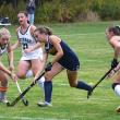 Seahawk junior Moriah Smith works her way past two Winthrop defenders in the second half of their Sept. 30 game. KEVIN BURNHAM/Boothbay Register