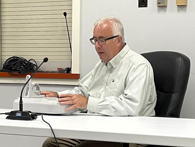 Mark Carter from RTE Energy Solutions spoke to the Boothbay Harbor selectboard July 18 about attachments that could be added to street lights. FRITZ FREUDENBERGER/Boothbay Register